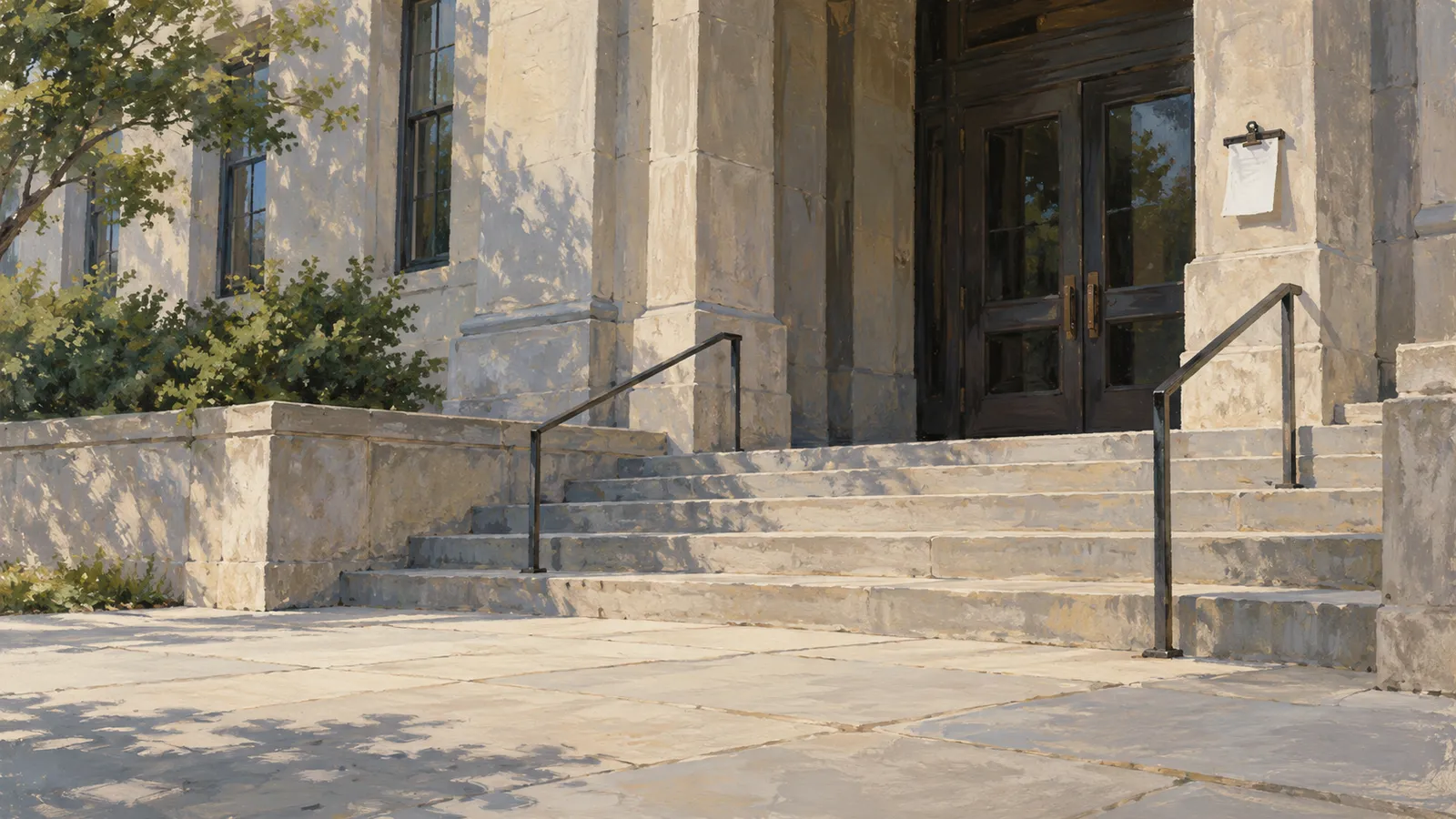 Illustration of stone steps and black railings leading to dark double doors, with trees and shrubs at left and a sheet of paper beside the entrance. SI illustration