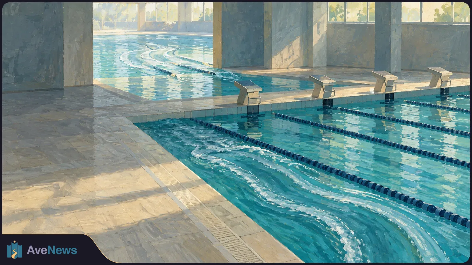 Painterly view of an empty indoor swimming pool with lane ropes, starting blocks and sunlight across the tiled deck. SI illustration