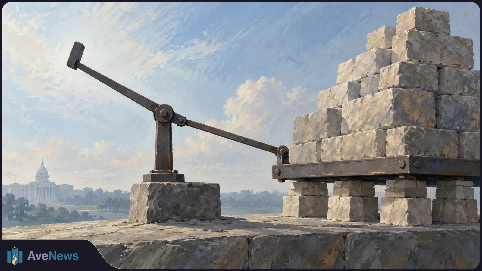 Painterly illustration of a metal lever beside a tall stack of stone blocks, with the U.S. Capitol in the distance under a cloudy sky. SI illustration