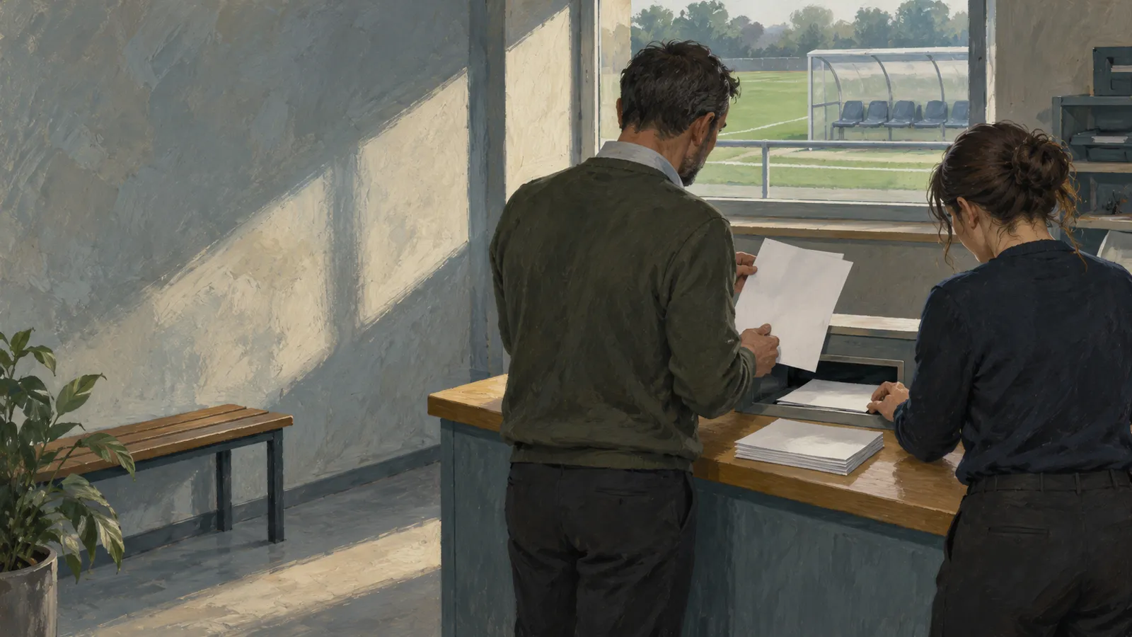 An illustration of two people handling sheets of paper at a counter, with a football pitch and covered bench visible through the window. SI illustration