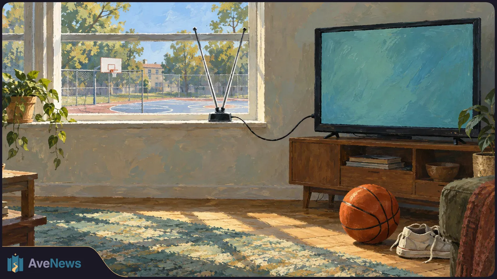 Painted living room with a blank TV, an indoor antenna, and a basketball on the floor; an outdoor basketball court is visible through the window. SI illustration