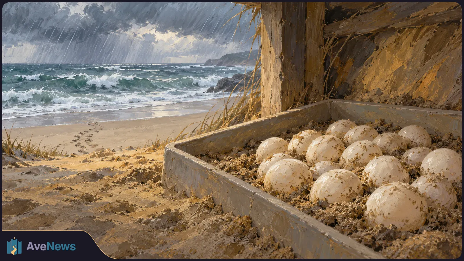 Painting of pale eggs in a sand-filled tray beside a beach, with rough surf and rain beneath dark clouds. SI illustration
