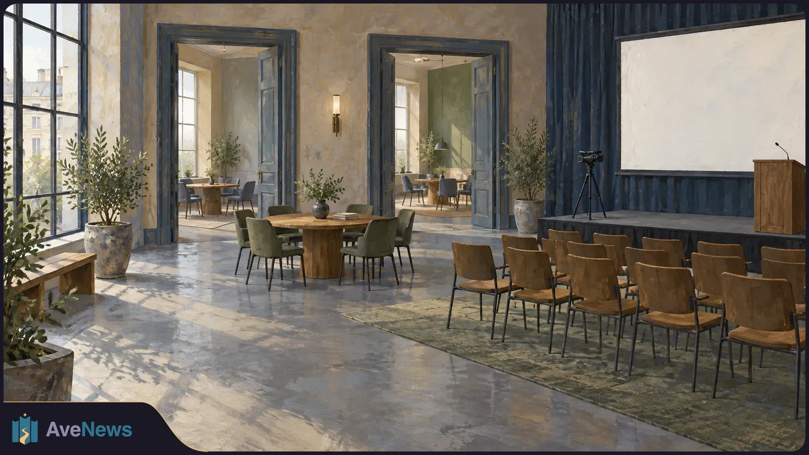 Painted empty event hall with rows of chairs facing a stage and blank screen, beside small roundtables; a camera stands on a tripod. SI illustration