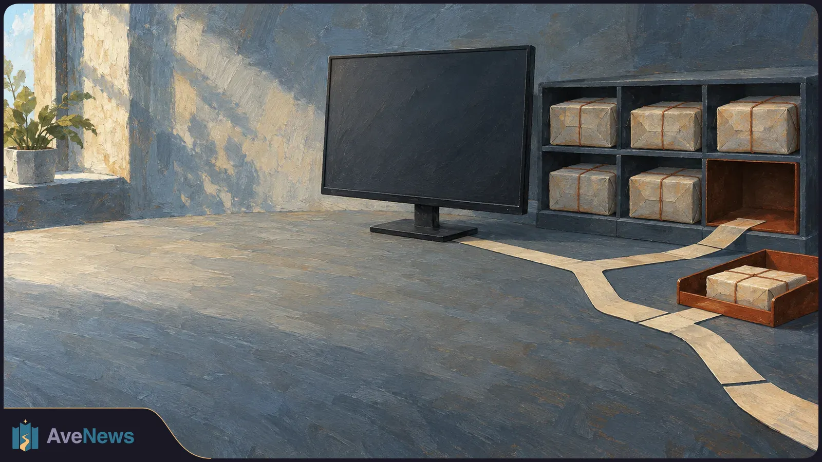 Painted illustration of a blank monitor beside shelves of wrapped parcels. Pale paper strips branch across the desk from an empty cubby toward a tray of parcels. SI illustration