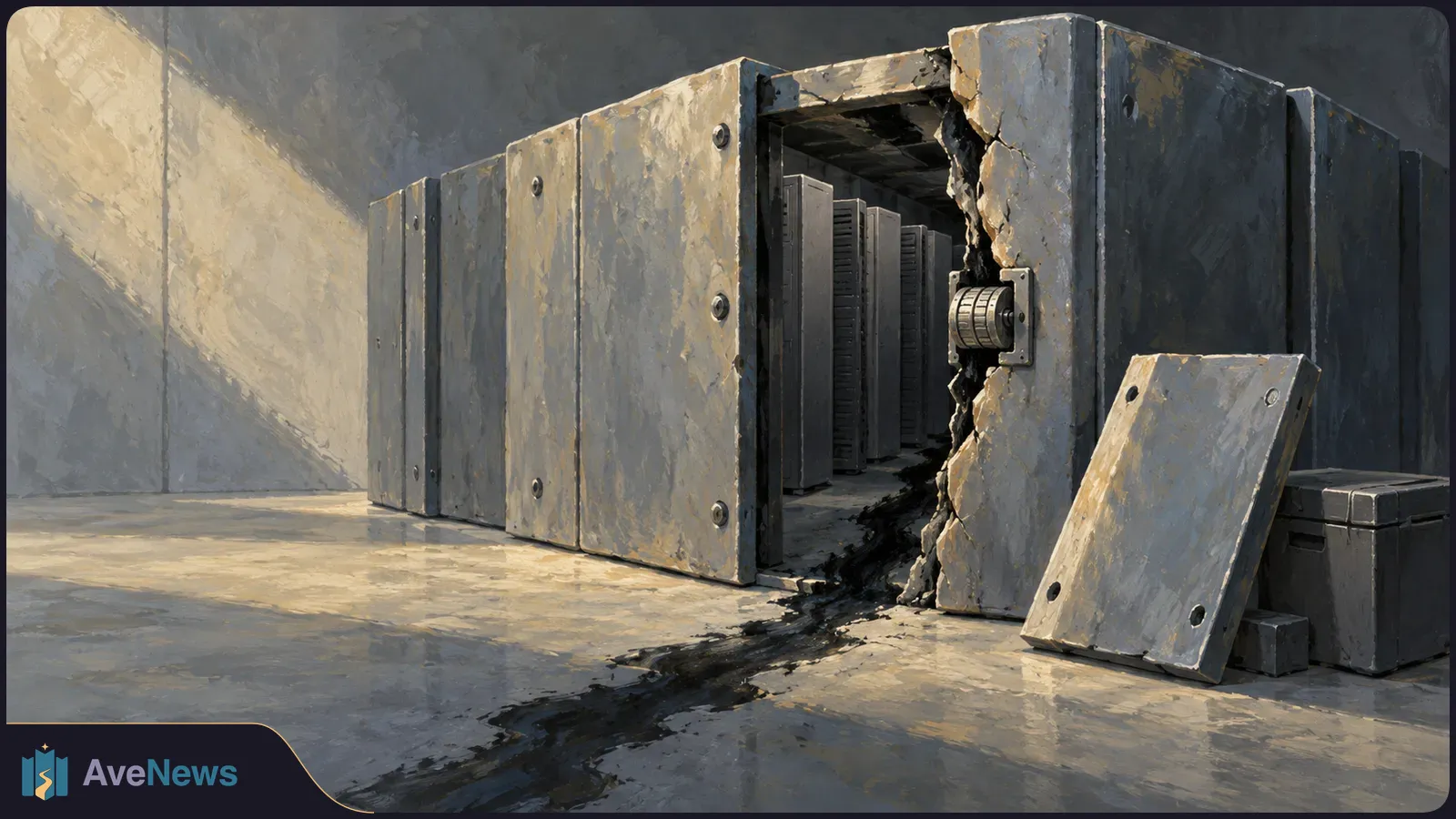 Painterly illustration of a cracked metal enclosure with server racks visible through an opening, a detached panel leaning beside it, and a dark fissure across the floor. SI illustration
