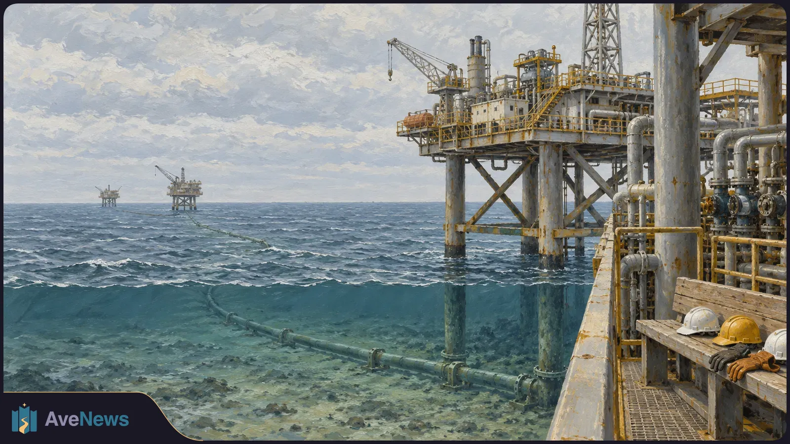 Painted cutaway of offshore oil platforms above choppy water, a pipeline on the seabed, and hard hats and gloves on a platform bench. SI illustration