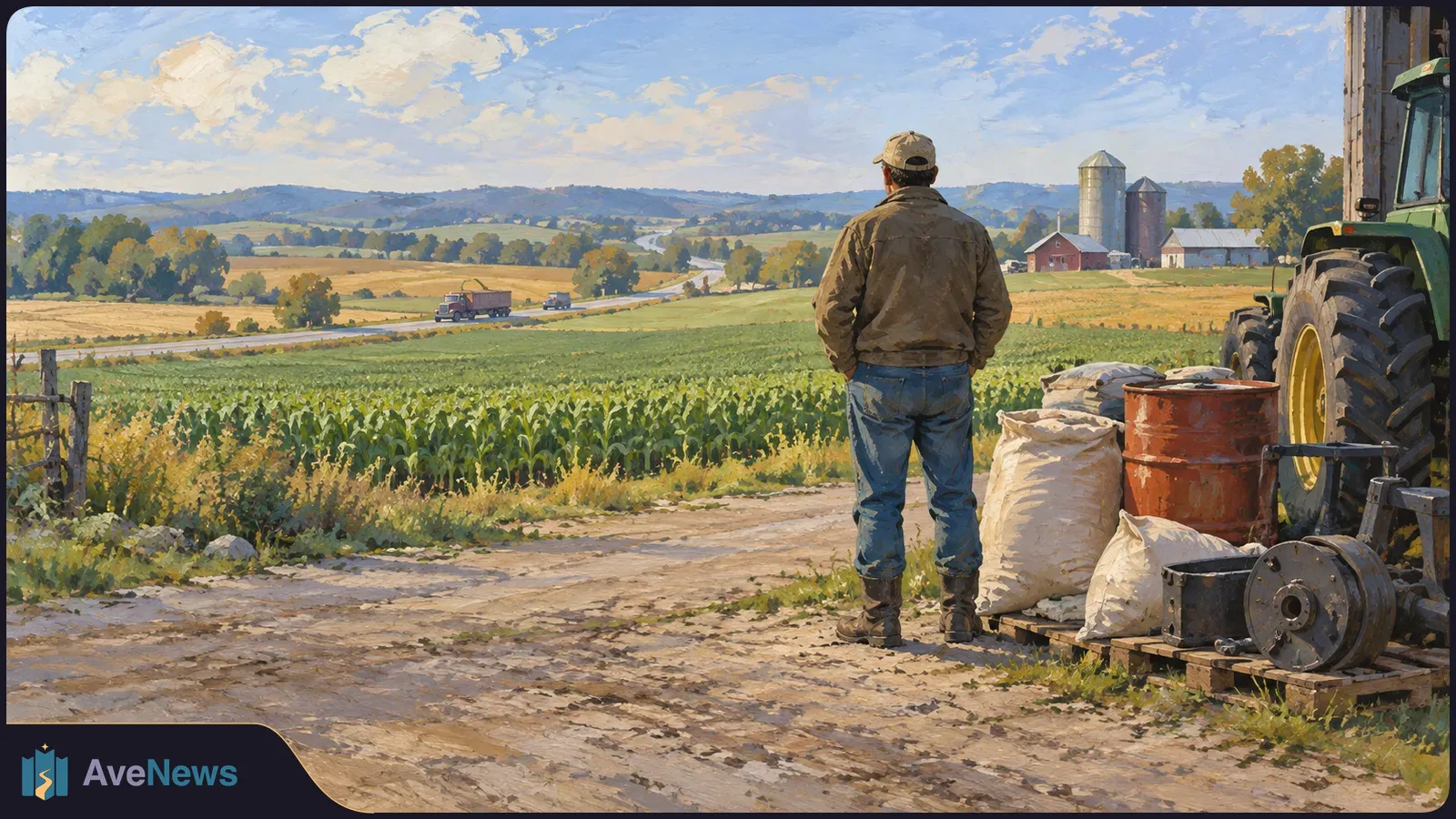 Painted farm scene with a person seen from behind beside a tractor, sacks and a barrel, overlooking crop fields, a winding road, barns and silos. SI illustration