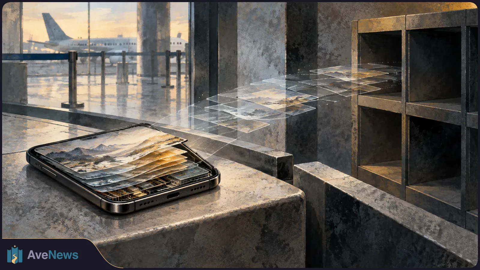A phone rests on a stone counter at an airport. Translucent image layers extend from it toward empty shelves, while a plane is visible through the window. SI illustration