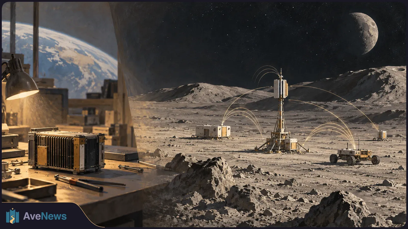 Illustration of a lunar surface with a communications tower, rover and equipment connected by curved signal lines. A workbench and Earth appear at left. SI illustration