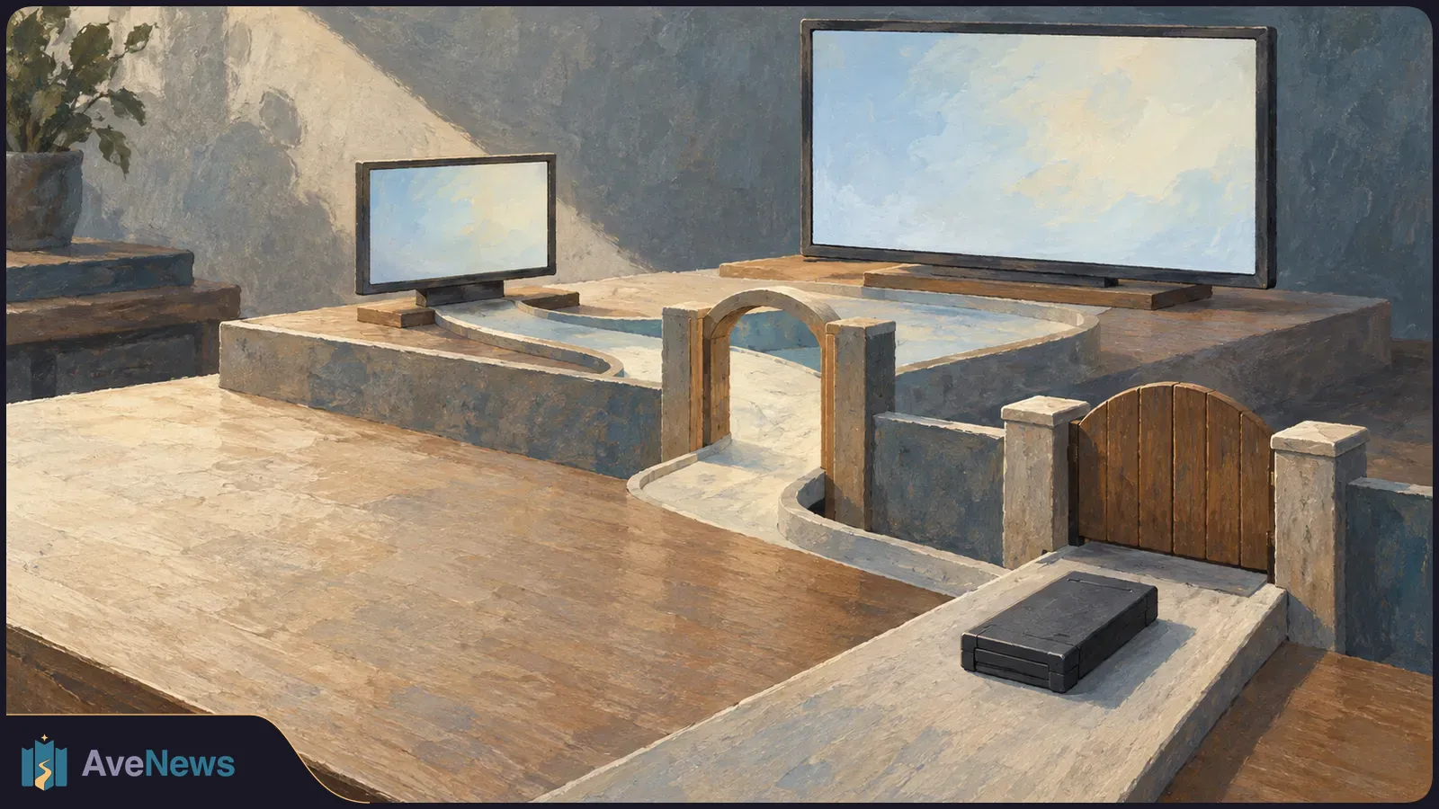 Painted scene of a black cartridge on a path leading to a closed wooden gate, beside an open archway and two blank screens. SI illustration