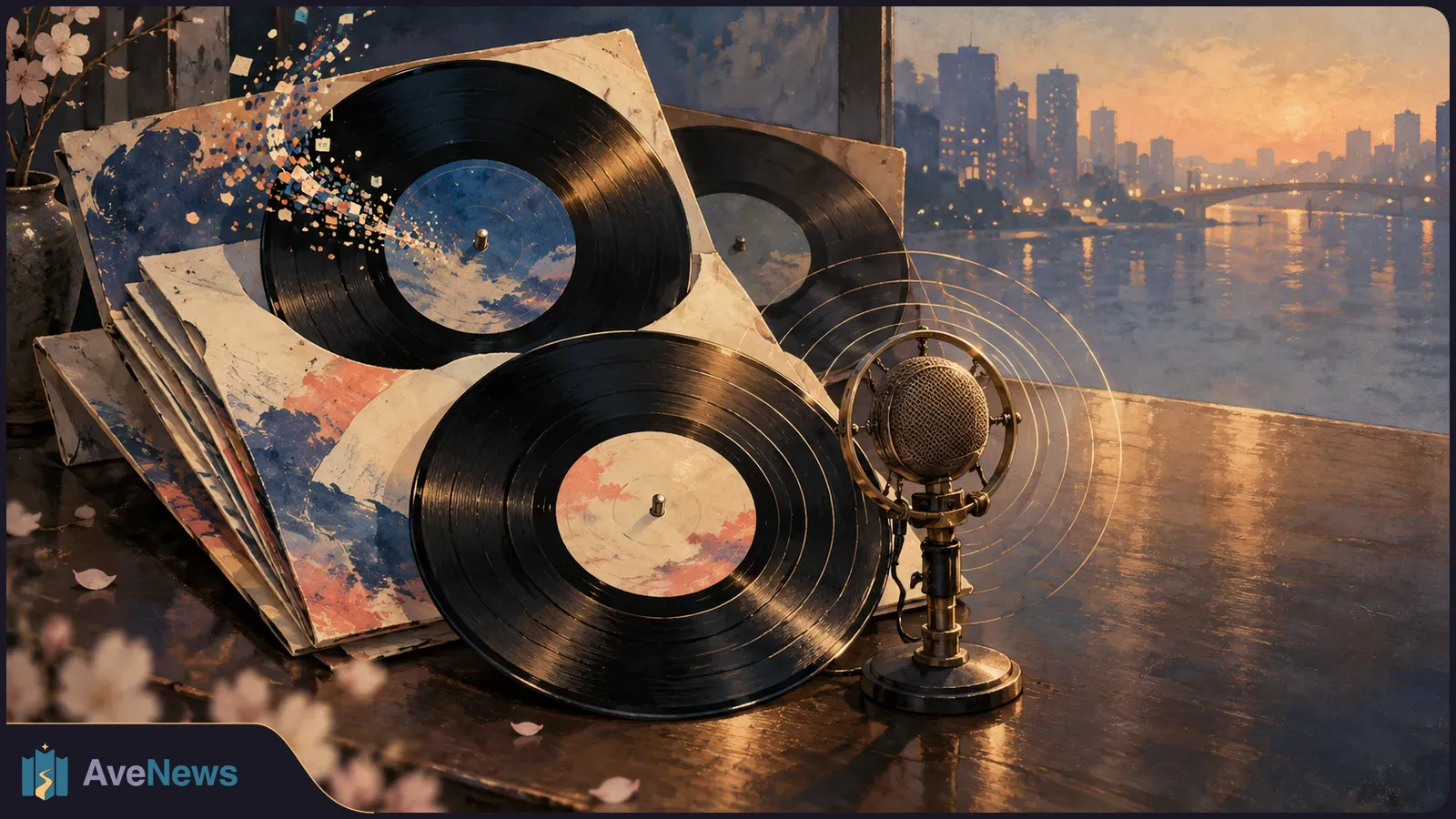 Vinyl records and sleeves beside a vintage microphone on a table, with blossoms and a sunset city skyline across the water. SI illustration