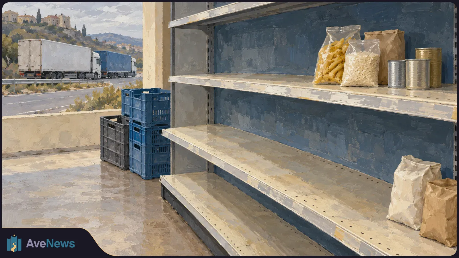 Illustration of mostly empty store shelves with a few bags and cans, stacked crates, and two lorries on a road outside. SI illustration