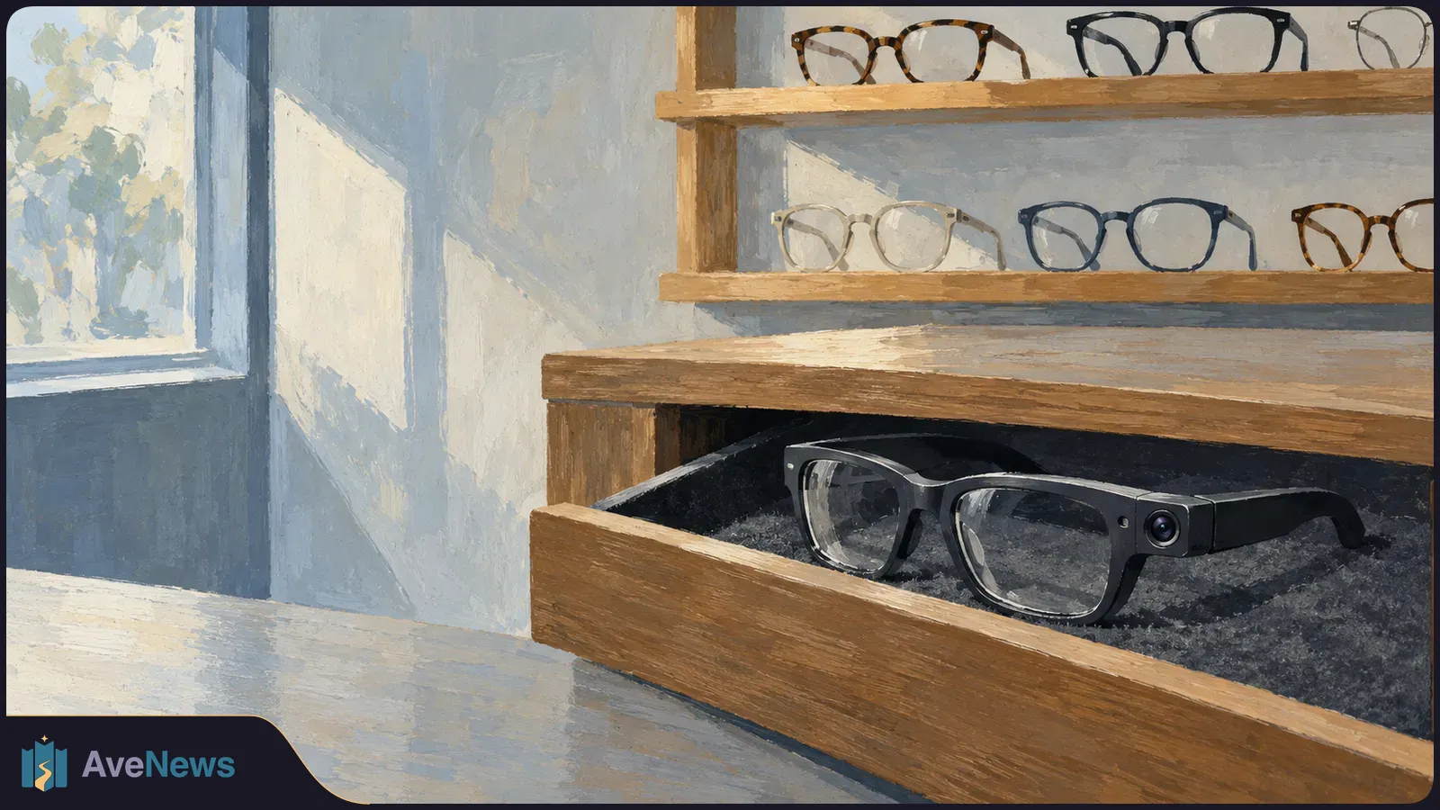 Camera-equipped black glasses rest in an open drawer below shelves of eyeglass frames, beside a sunlit window. SI illustration