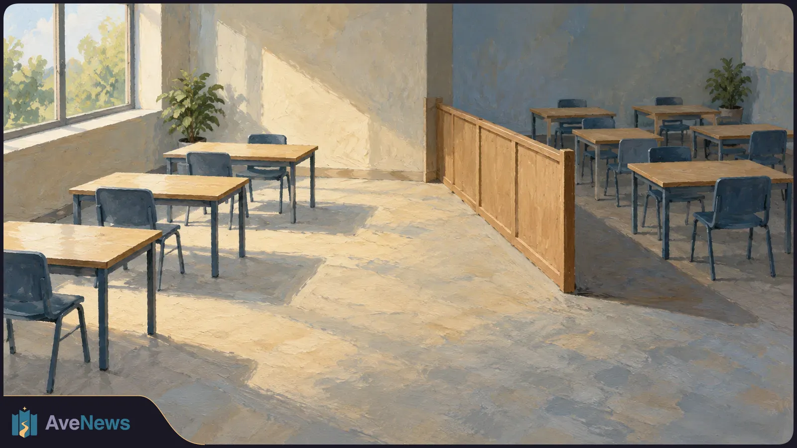 Sunlit empty classroom with separate desks and chairs, a wooden divider, and potted plants near a large window. SI illustration
