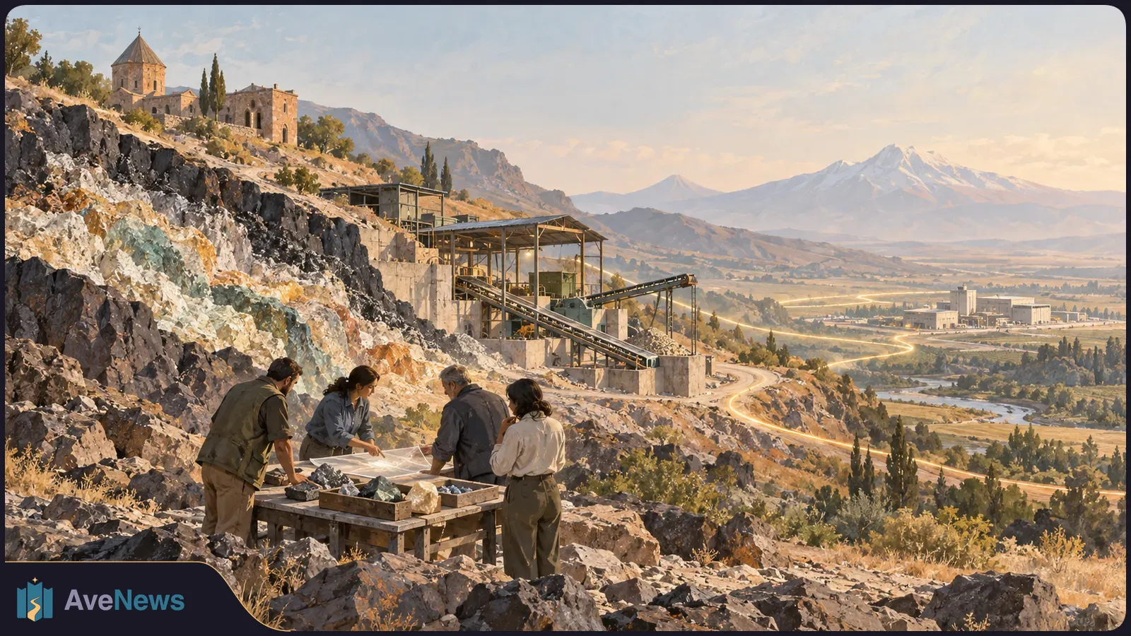 Painterly scene of four people examining papers and rock samples beside a quarry, with mining conveyors, a hilltop church and mountains beyond. SI illustration