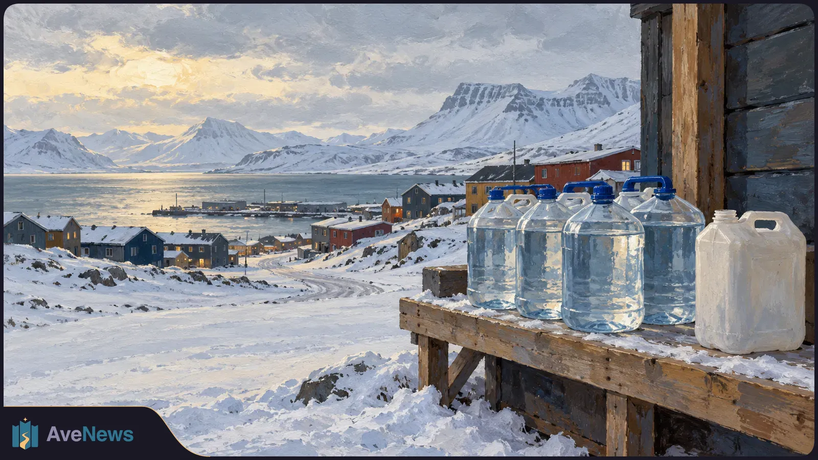 Illustration of water jugs on a snowy wooden porch overlooking a coastal town, a fjord and snow-covered mountains. SI illustration