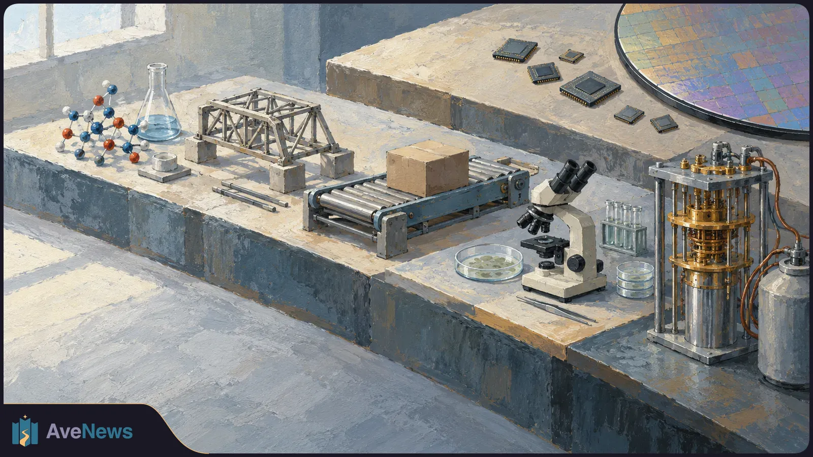 Painted laboratory workbench with microchips, part of a silicon wafer, a conveyor carrying a box, a microscope and scientific equipment. SI illustration