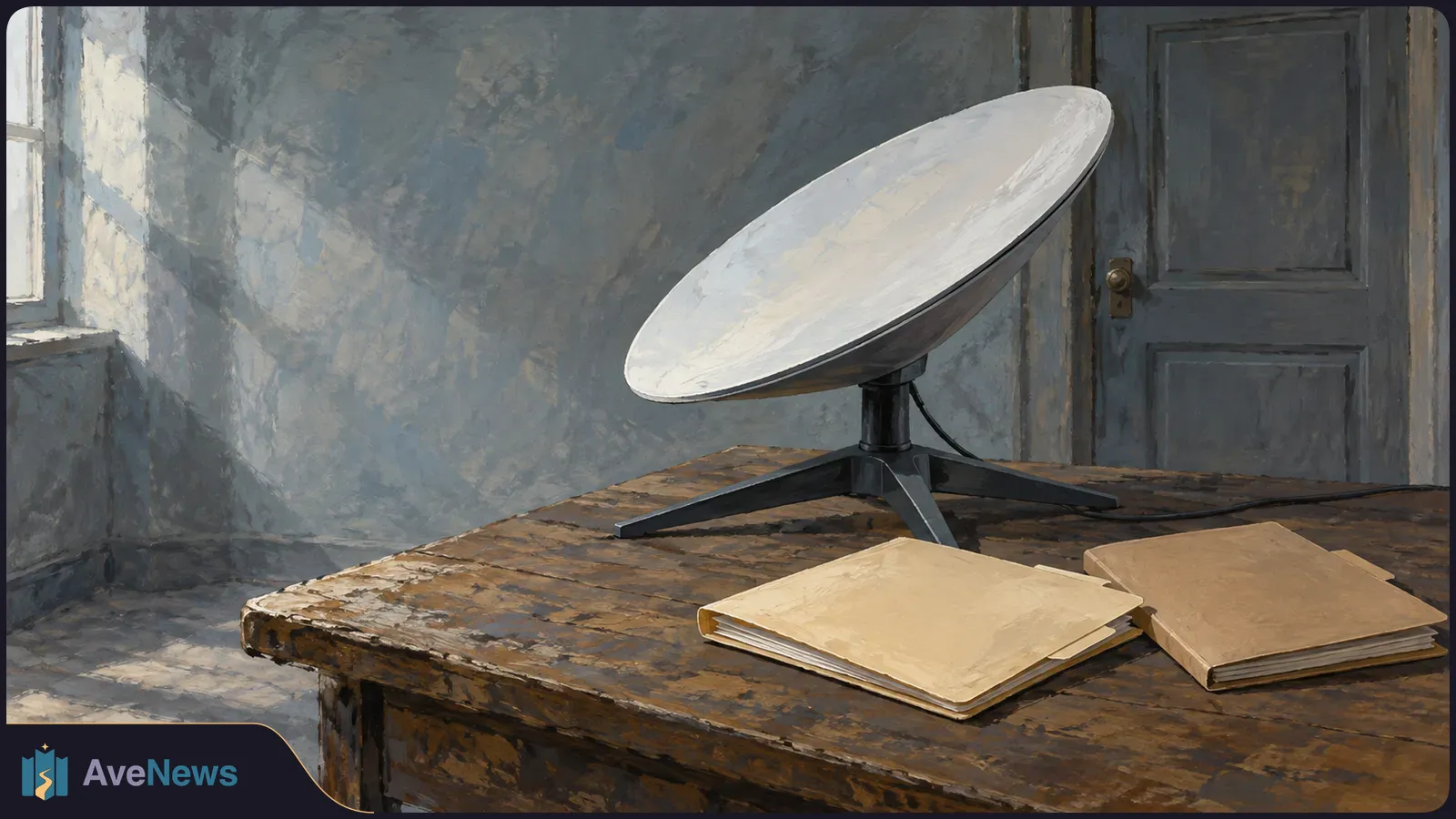 Painted scene of a white satellite dish on a worn wooden table beside two folders, with a window and closed door behind it. SI illustration