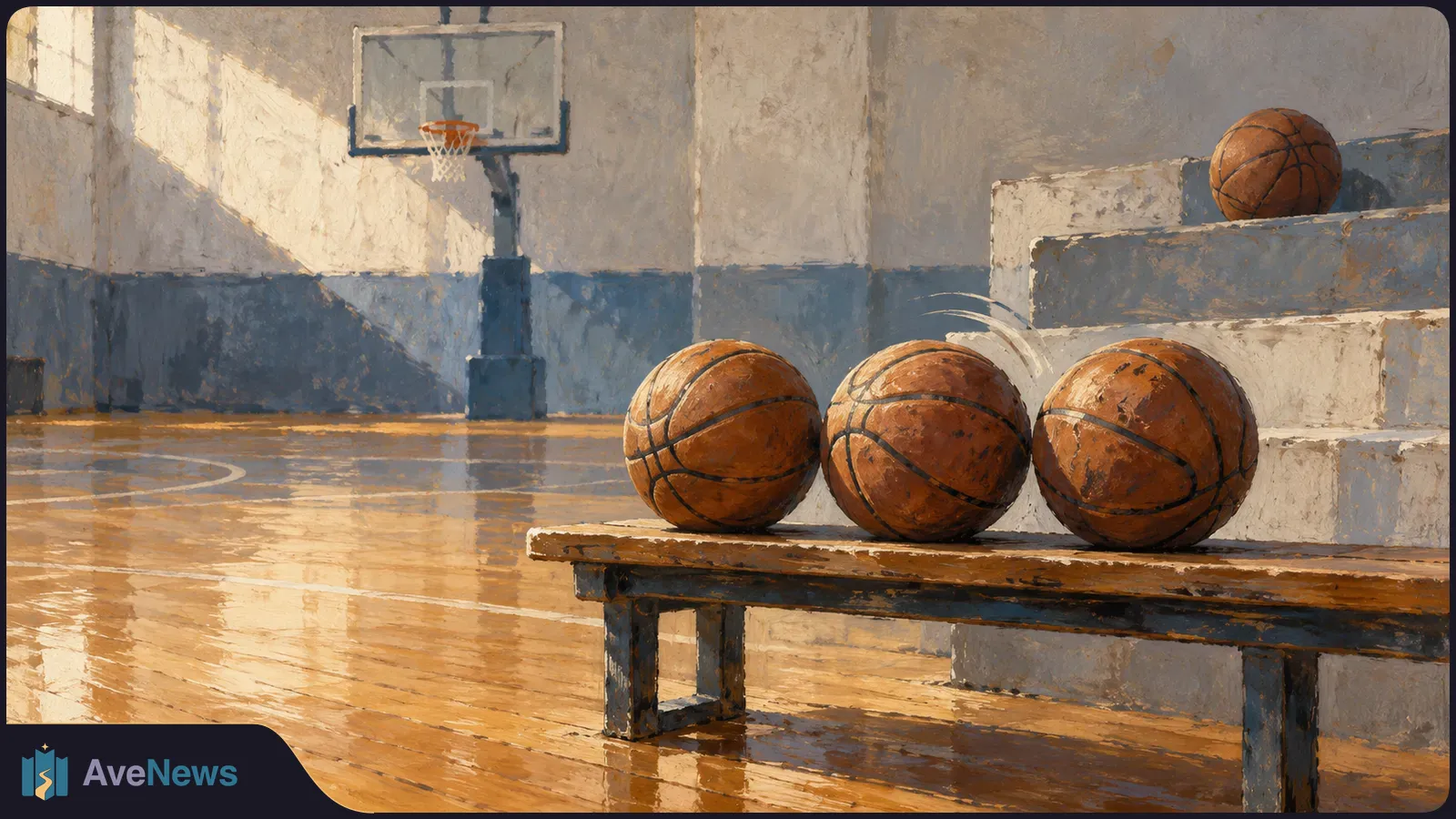 Three basketballs rest on a wooden bench in a sunlit indoor court. Another ball sits on the bleachers, with a hoop in the background. SI illustration