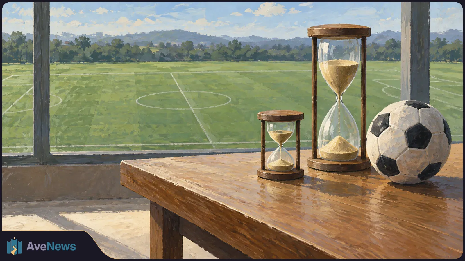 A painted scene of two differently sized hourglasses and a soccer ball on a wooden table overlooking an empty soccer field. SI illustration
