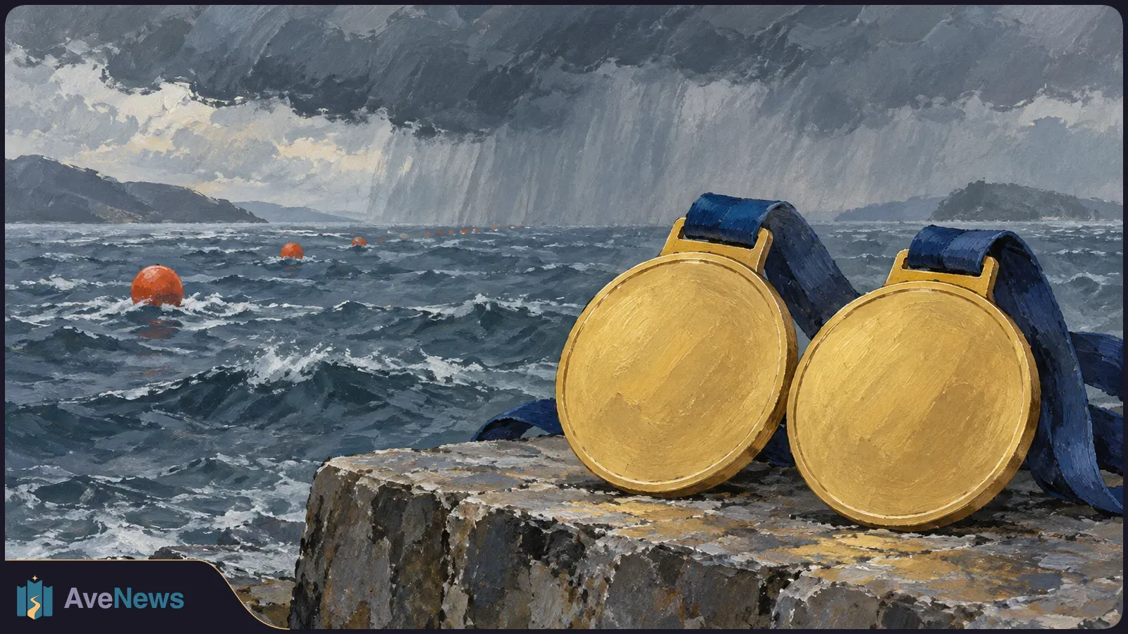 Illustration of two blank gold medals with blue ribbons on a stone ledge beside choppy water, orange buoys and dark rain clouds. SI illustration