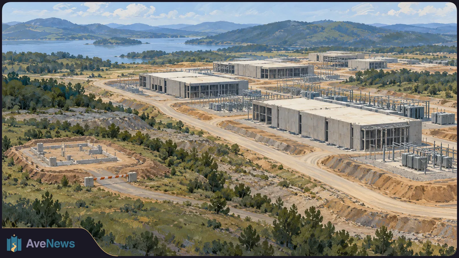 Illustration of large concrete buildings and electrical equipment along winding dirt roads, with a lake and hills beyond. SI illustration
