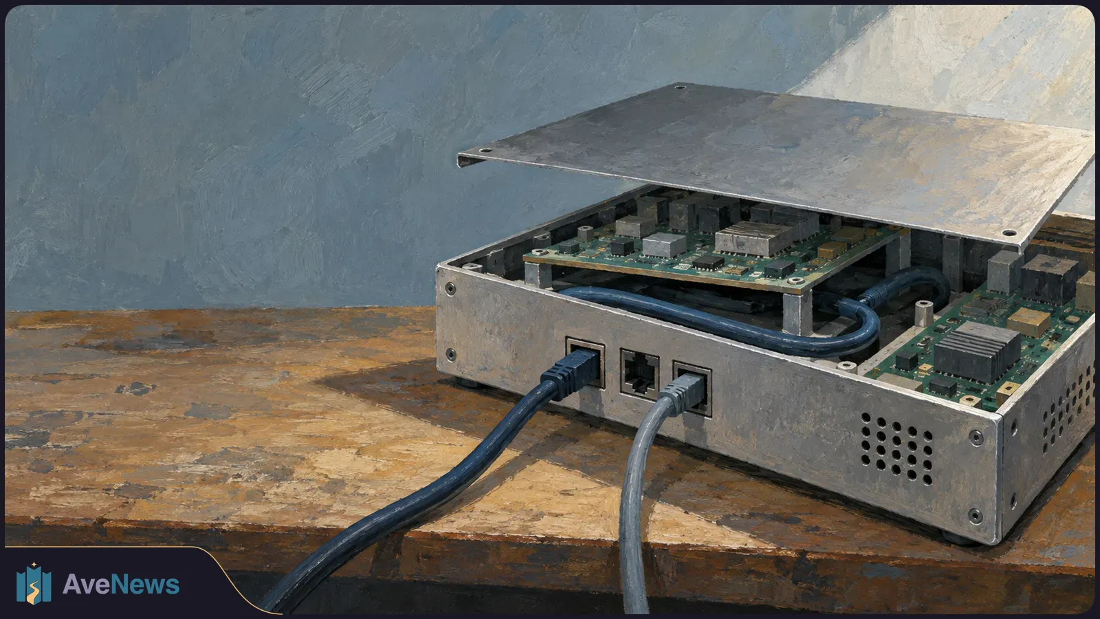 An open metal network appliance sits on a wooden table, exposing circuit boards and an internal cable beneath its raised lid. Two cables plug into the front. SI illustration
