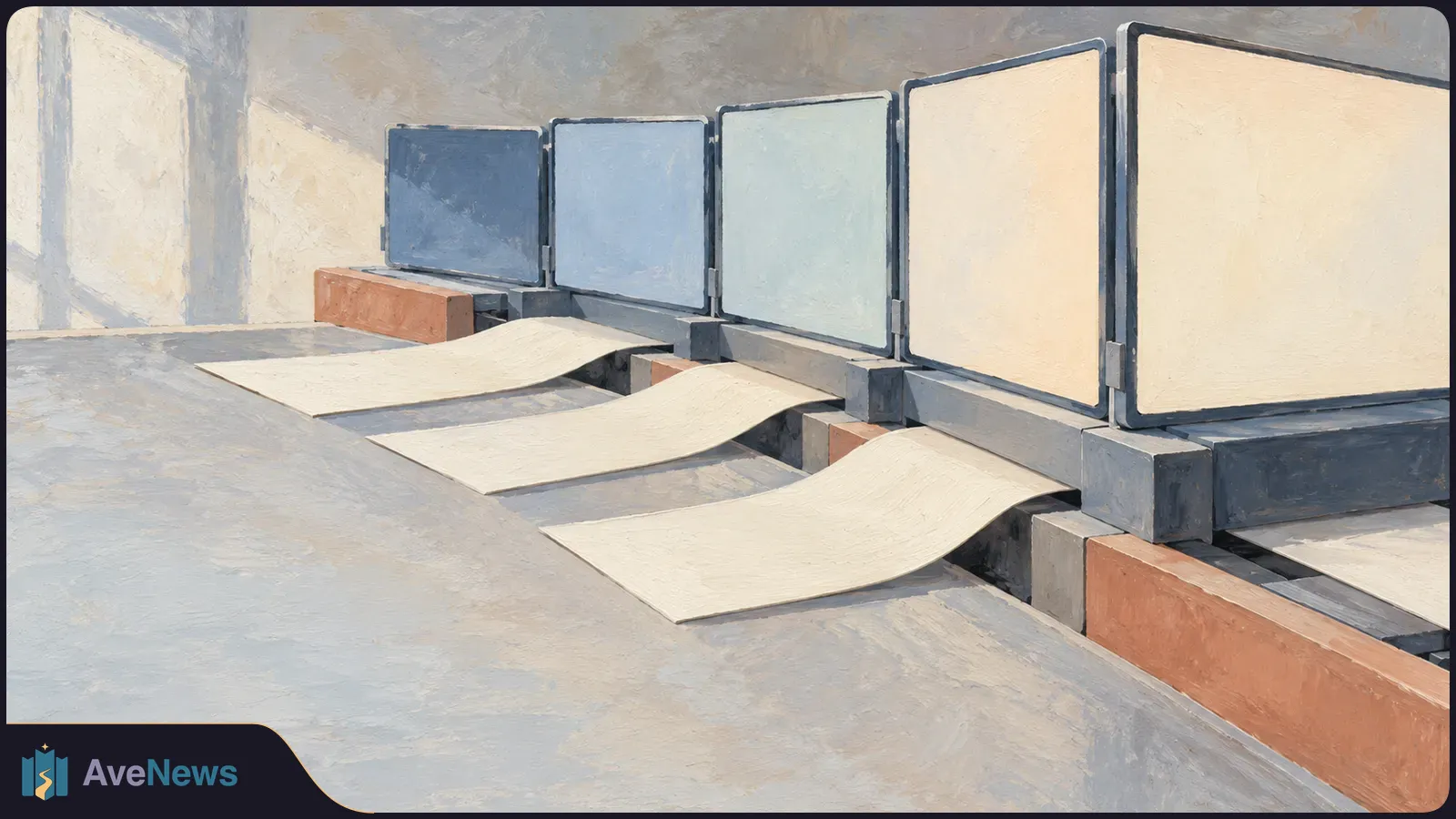 Painted illustration of five blank screens in a row, with pale sheets of paper extending from beneath them across a gray surface. SI illustration