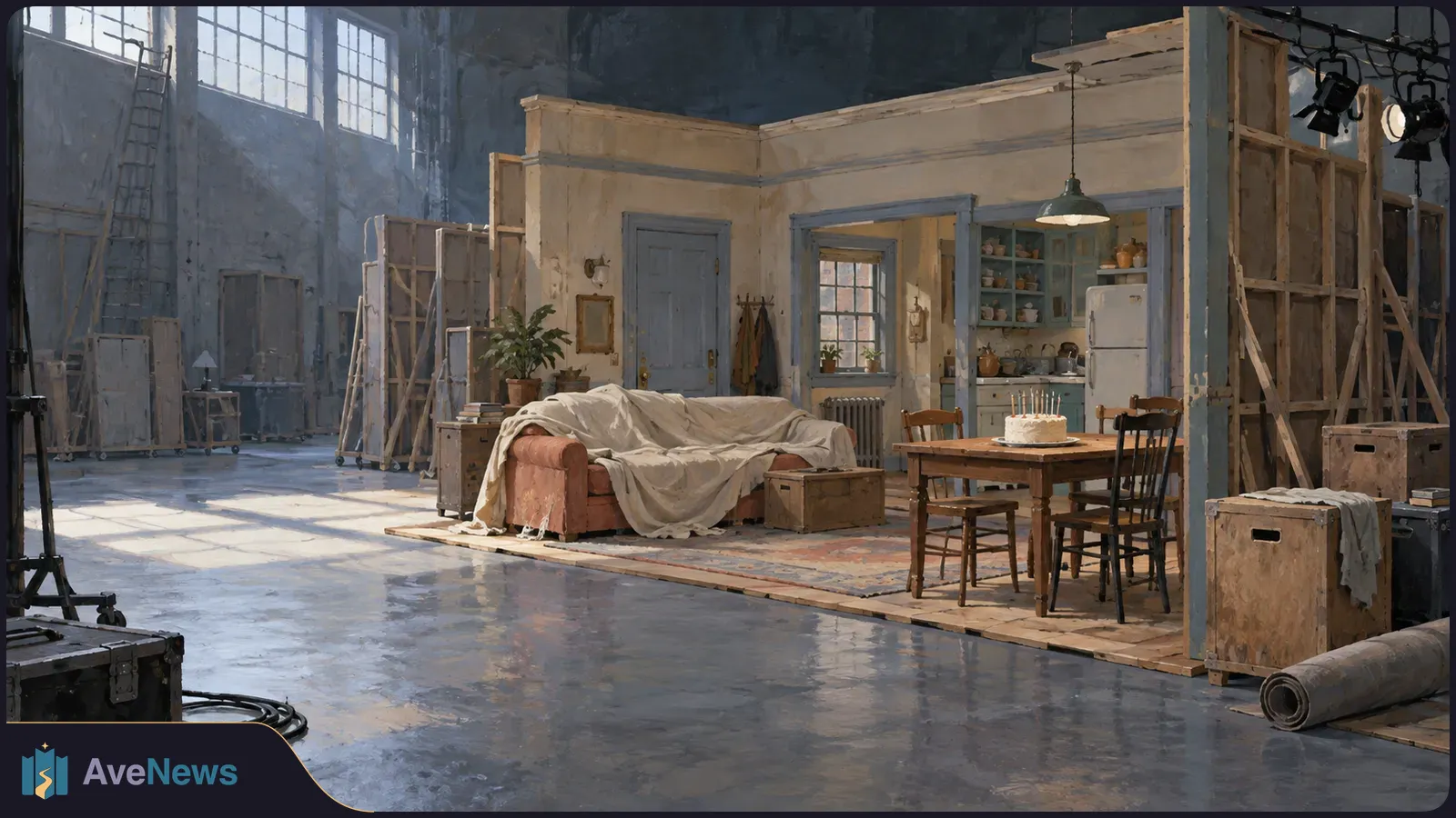 An empty living-room set inside a studio, with a draped sofa, a cake with candles on a table, unfinished scenery walls and overhead lights. SI illustration