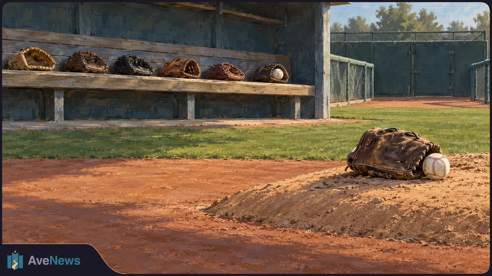 A baseball glove and ball rest on a dirt mound, while six more gloves line a dugout bench beside an empty field. SI illustration