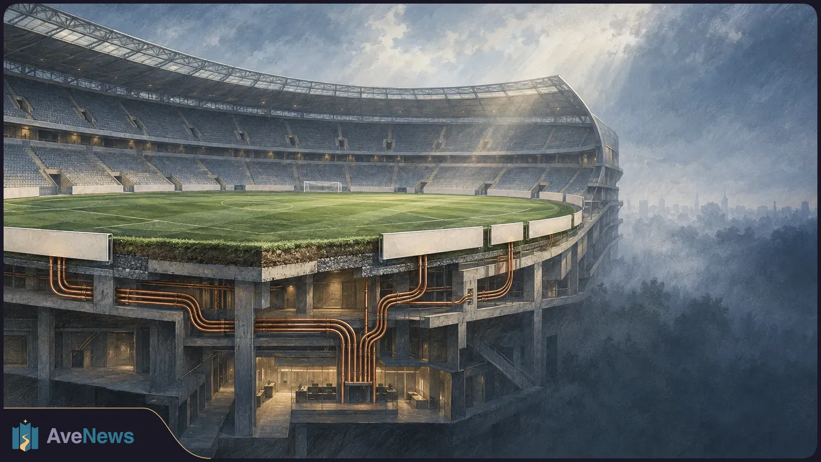 Illustrated cutaway of an empty football stadium, with a green pitch above exposed concrete levels and copper pipes running beneath the stands. SI illustration