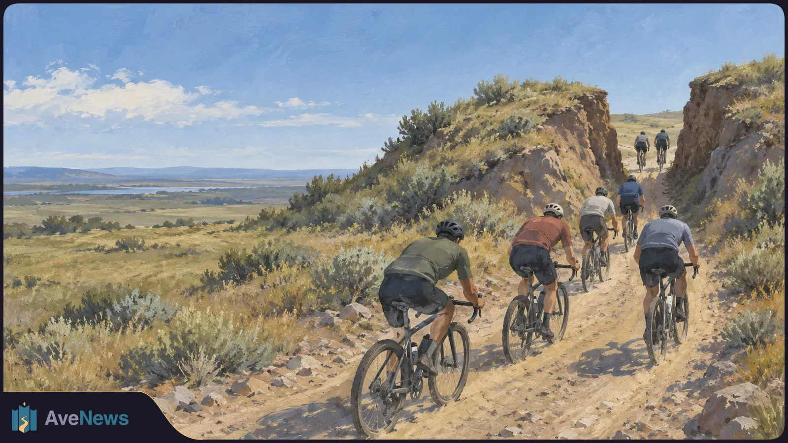 Seven helmeted cyclists ride uphill on a rocky dirt road between scrub-covered slopes, with open plains and distant water beneath a blue sky. SI illustration