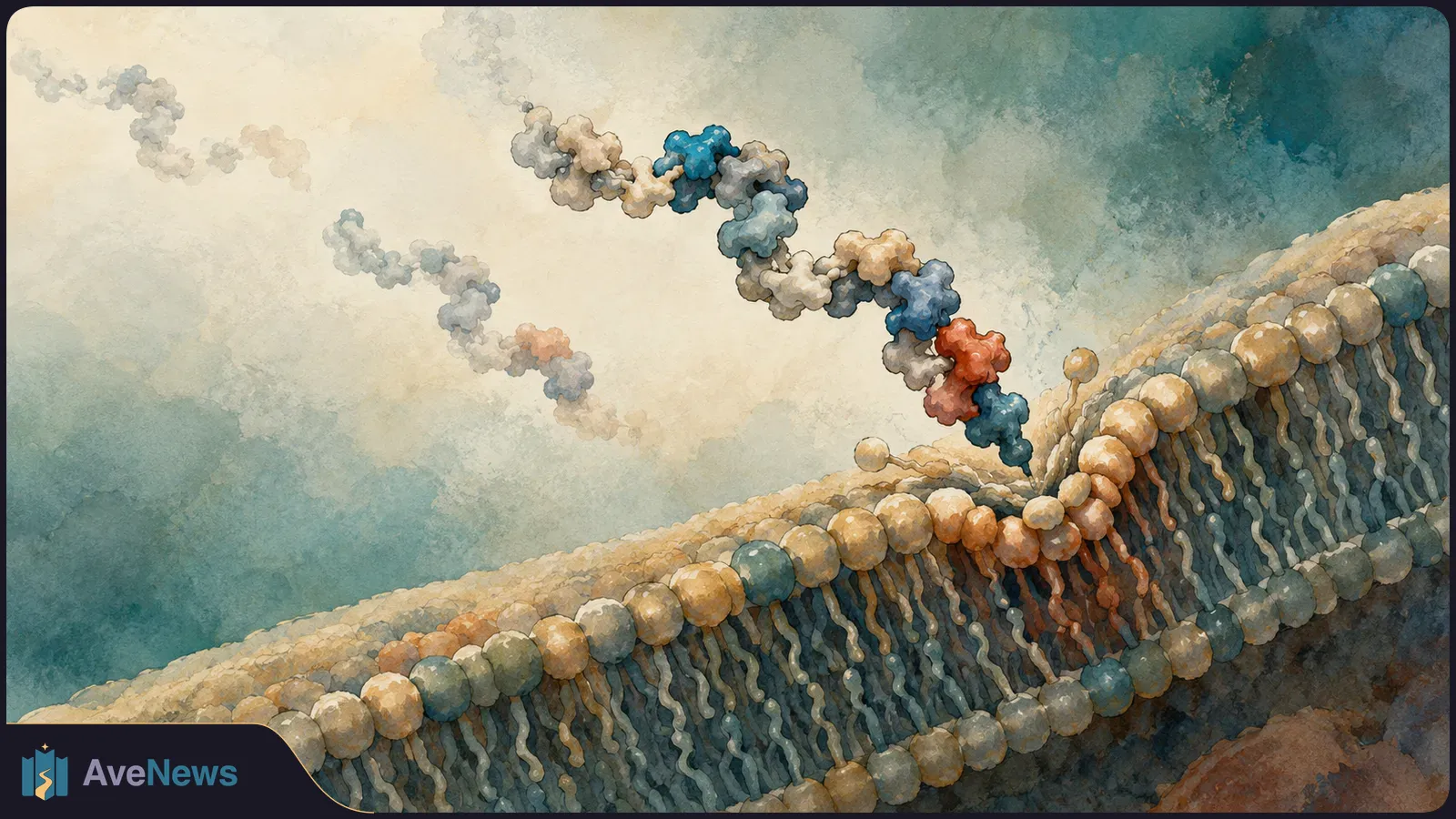 Watercolor-style illustration of a multicolored molecular chain touching a bead-lined cell membrane against a pale teal background. SI illustration