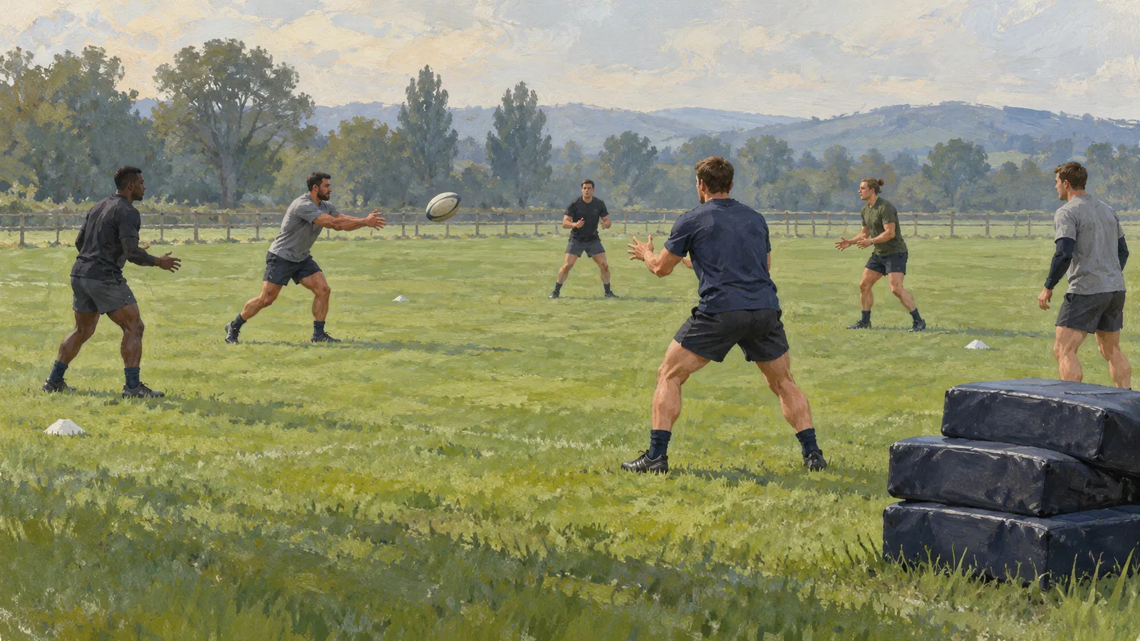 Illustration of six men passing a rugby ball on a grassy field, with cones and stacked training pads nearby; trees and hills stretch behind them. SI illustration