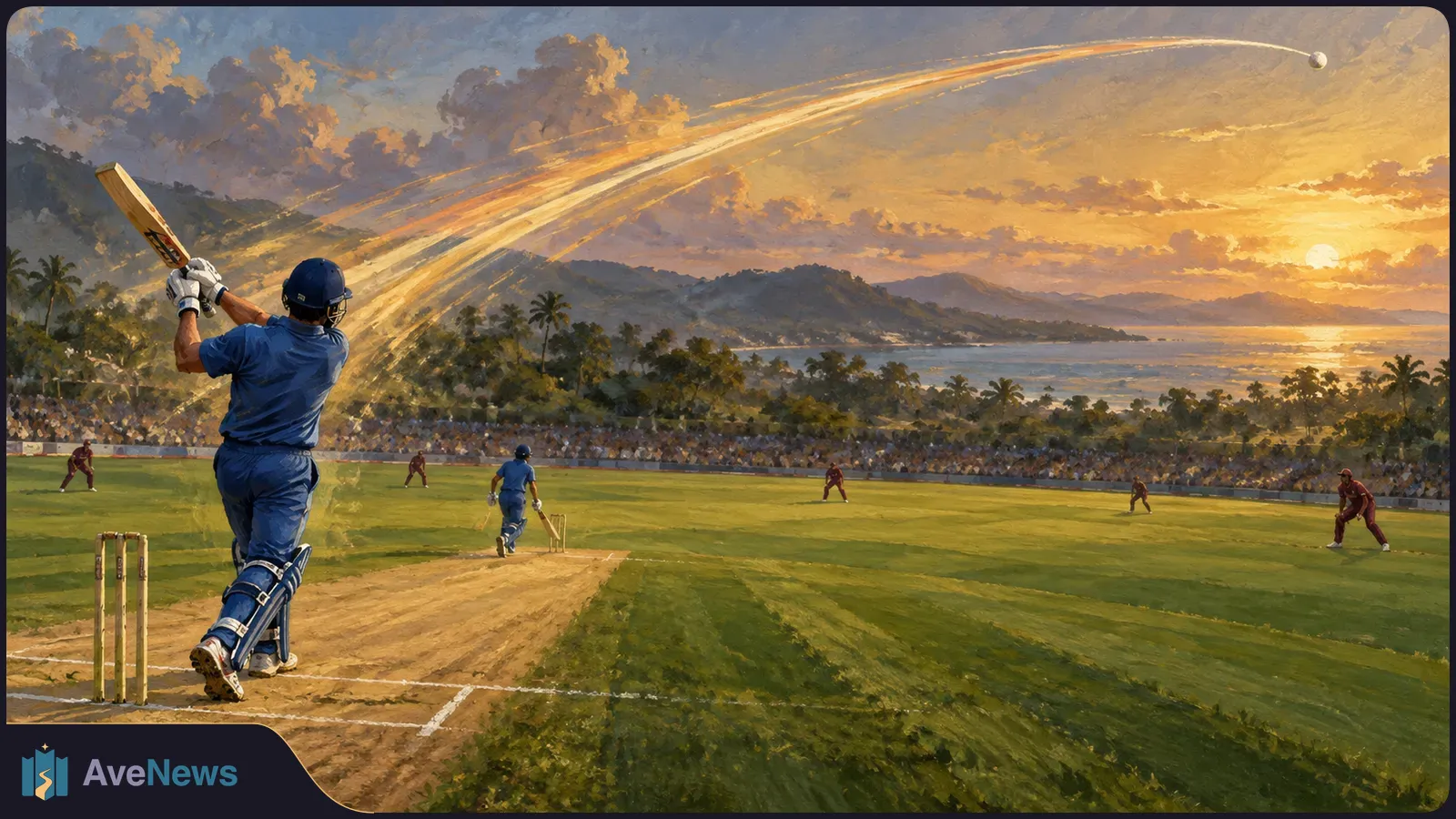 Painted cricket scene at sunset: a batter in blue follows through beside the wickets as a glowing ball arcs over the field, with other players and a crowd beyond. SI illustration