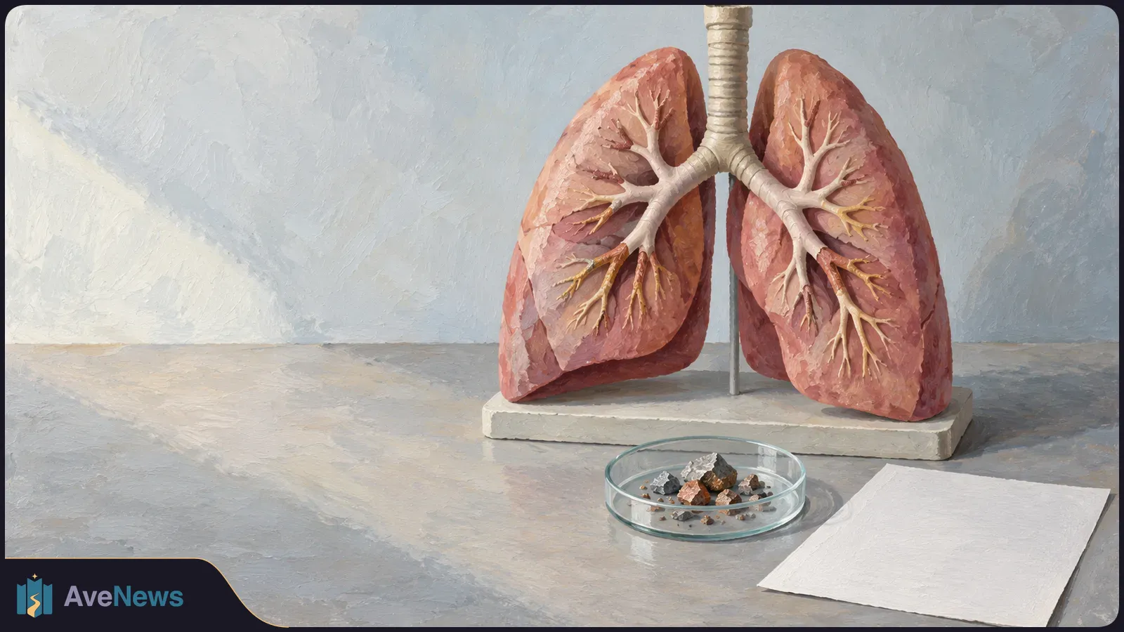 A painted illustration of a lung model on a stand, with a shallow glass dish of dark fragments and a blank sheet of paper on the table. SI illustration
