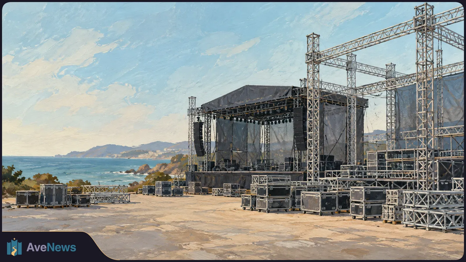 Painted coastal concert setup with a large outdoor stage, metal trusses, hanging speakers and black equipment cases; hills lie across the water. SI illustration
