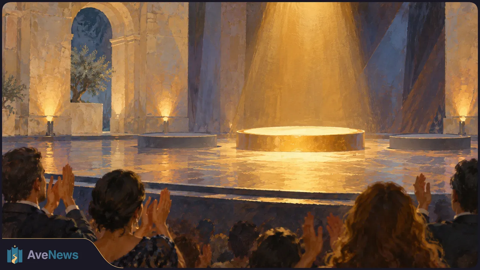 A painted scene of an audience applauding an empty, warmly lit stage with a glowing circular platform and stone arches. SI illustration