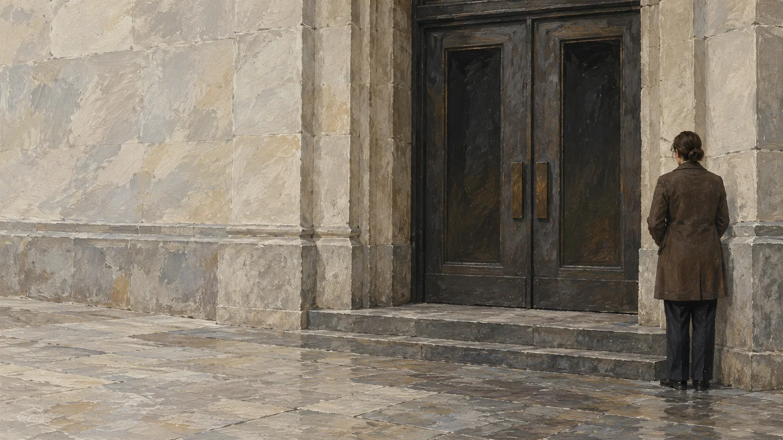 A person in a brown coat stands with their back turned beside a large dark double door in a pale stone building. SI illustration