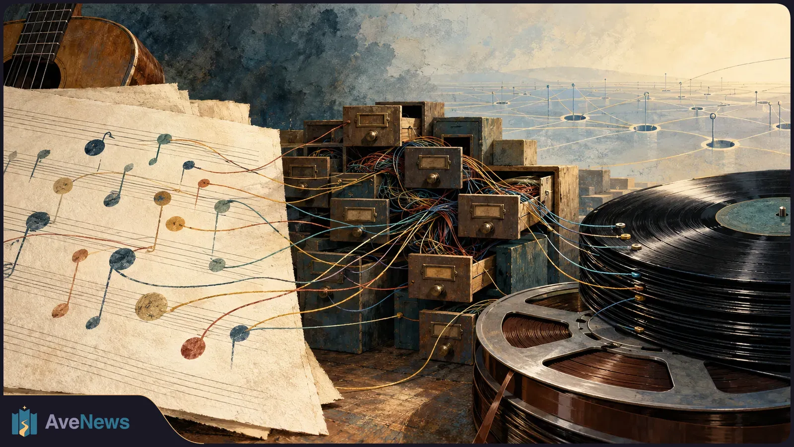 Illustration of sheet music, a guitar, tangled wires running through filing drawers, and stacked vinyl records and tape reels. SI illustration