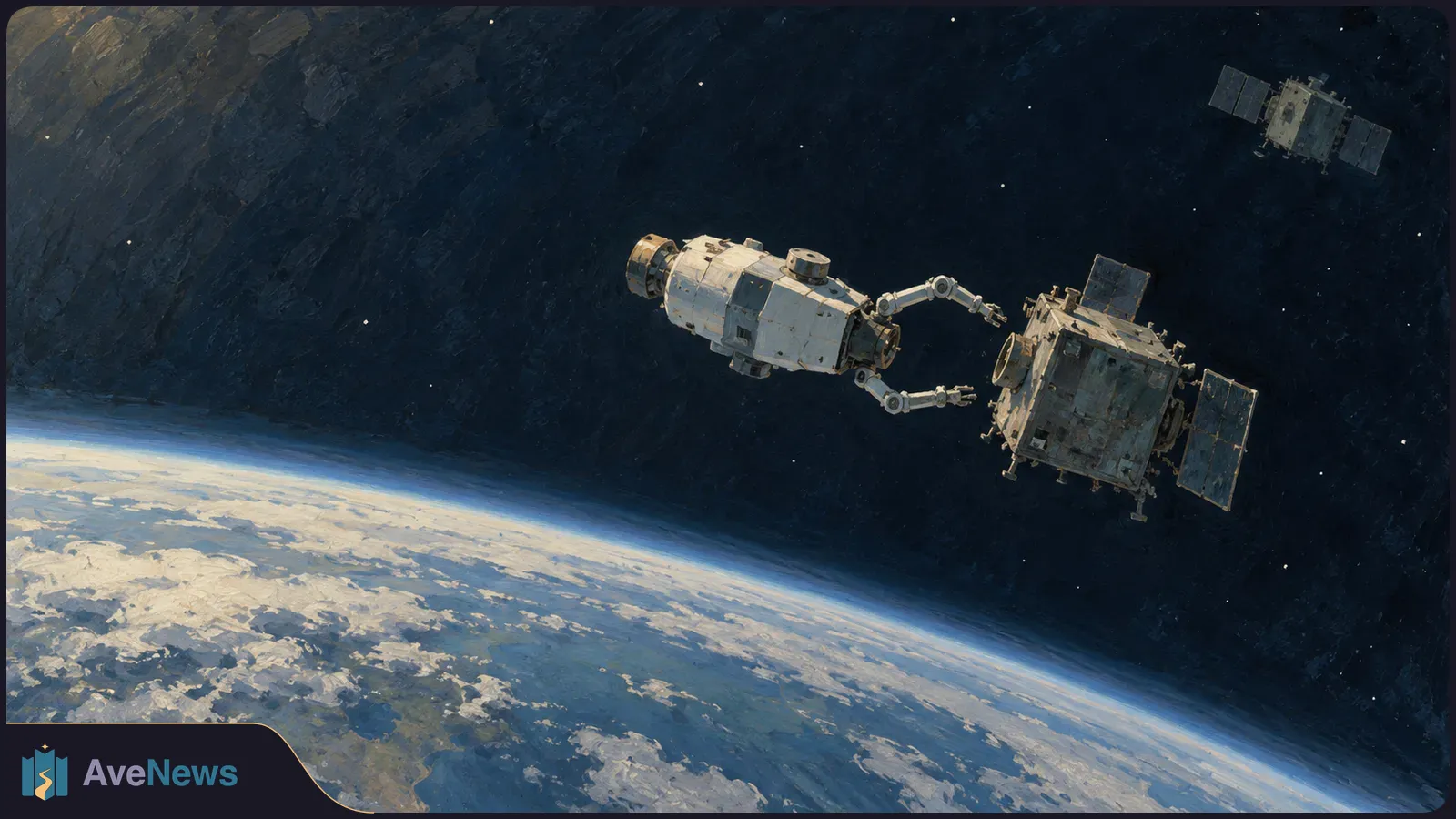 Painterly illustration of a spacecraft extending two robotic arms toward a satellite above Earth, with another satellite in the distance. SI illustration