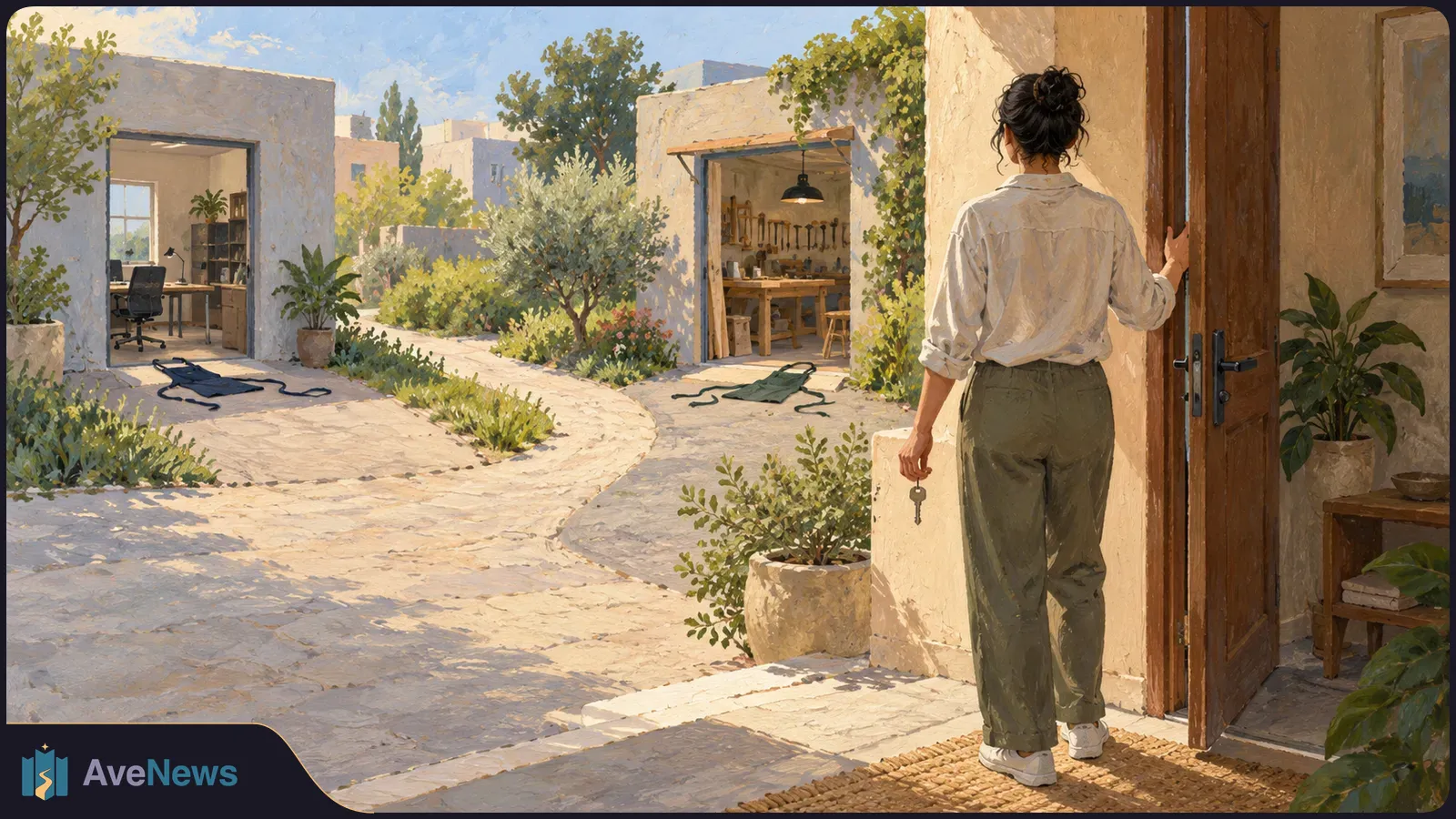Painted scene of a woman holding a key beside an open door, looking across a sunny courtyard with plants, an office and a workshop. SI illustration