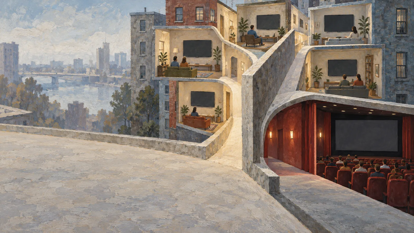 A painterly cutaway of apartments with people facing blank TV screens, alongside a cinema audience facing a blank screen. A river and city skyline appear in the background. SI illustration