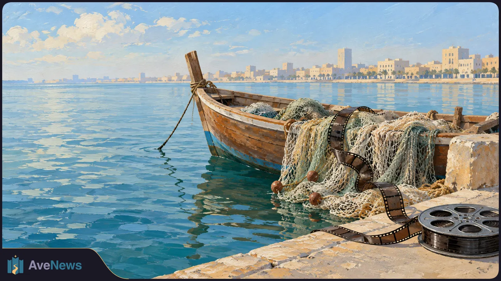 A painted wooden fishing boat sits by a quay, piled with nets. A filmstrip drapes over the nets and leads to a reel on the quay; a coastal skyline lies across the water. SI illustration