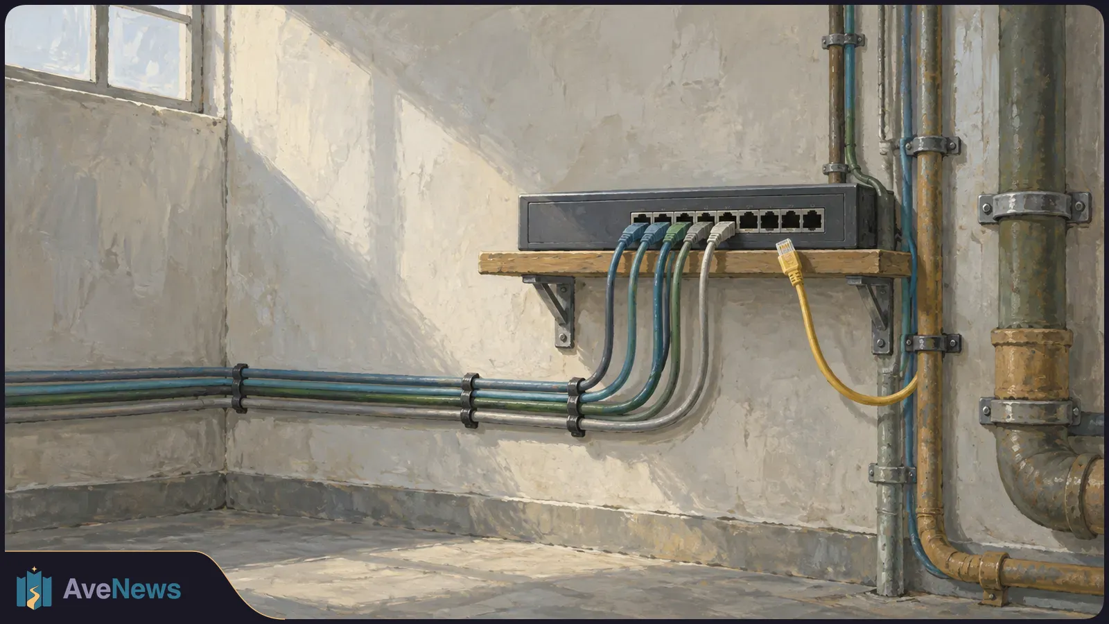 Painterly utility room with a network switch on a wall shelf, several connected cables, and a yellow Ethernet cable hanging unplugged beside exposed pipes. SI illustration