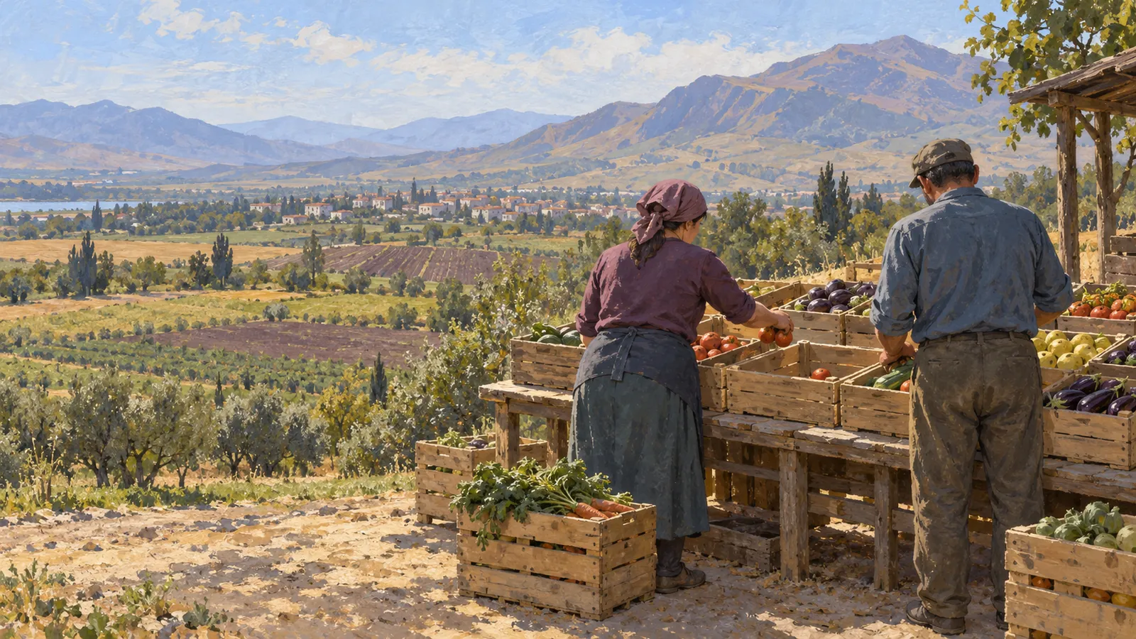 A painted scene of two people arranging vegetables in wooden crates, overlooking fields, a village and mountains. SI illustration