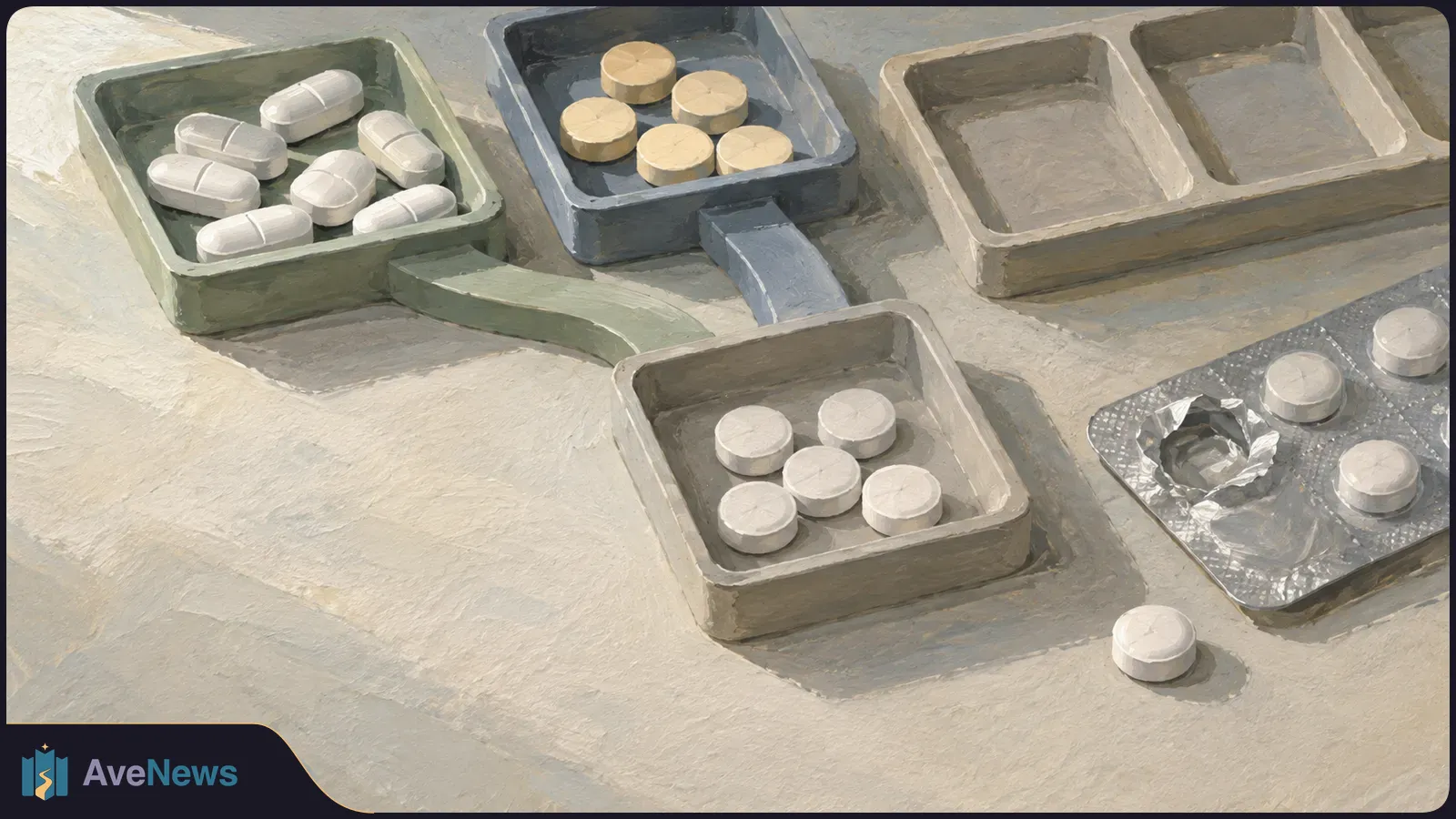 Illustration of white capsules and round tablets in shallow trays, with empty trays and a partly used blister pack on a tabletop. SI illustration