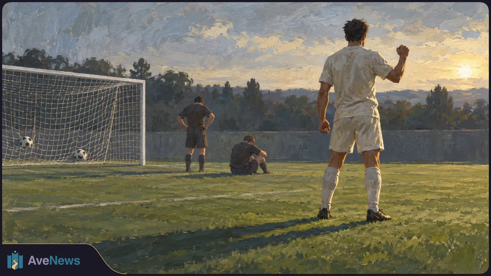 Painterly soccer scene at sunset: two balls lie inside a goal, a player in white raises a fist, and two players in dark kits stand and sit nearby. SI illustration