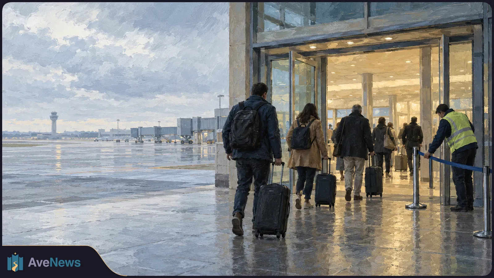 Illustration of travelers pulling suitcases into a lit airport terminal beside a wet runway, with jet bridges and a control tower beneath a cloudy sky. SI illustration