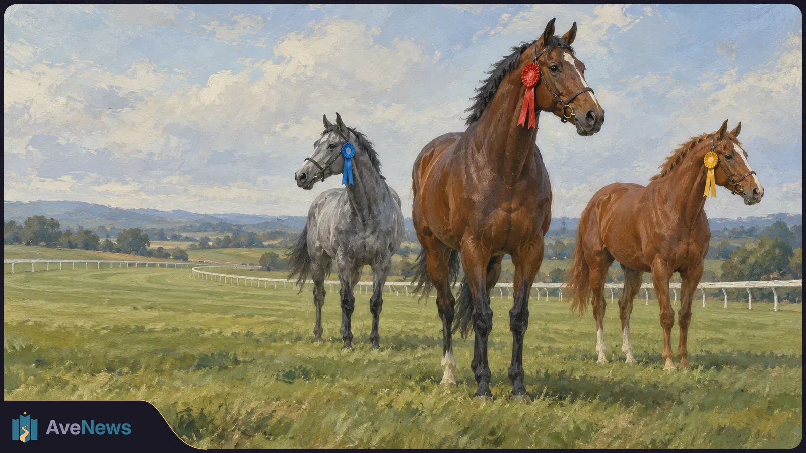 Painterly illustration of three horses wearing red, blue and yellow rosettes in a grassy field beside a white rail, beneath a cloudy sky. SI illustration
